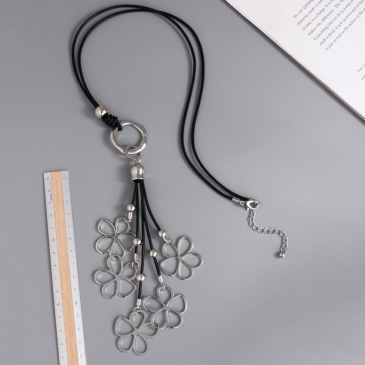 Silver Flower Tassel Pendant Long Leather Boho Necklace