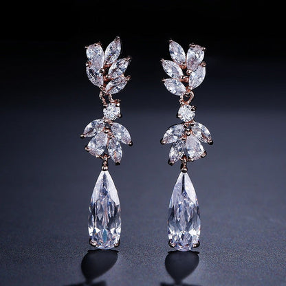 Crystal Flower Zircon Leaf Dangle Bridal Earrings