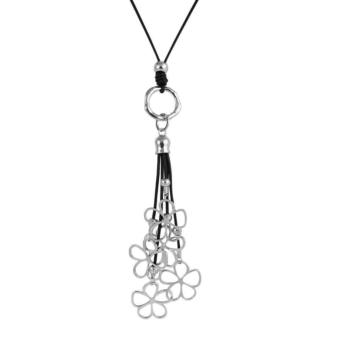 Silver Flower Tassel Pendant Long Leather Boho Necklace