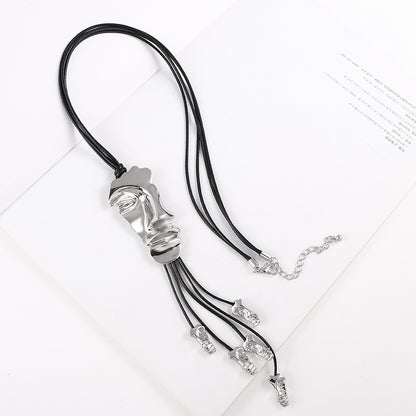 Tribal Human Face Long Leather Rope Necklace