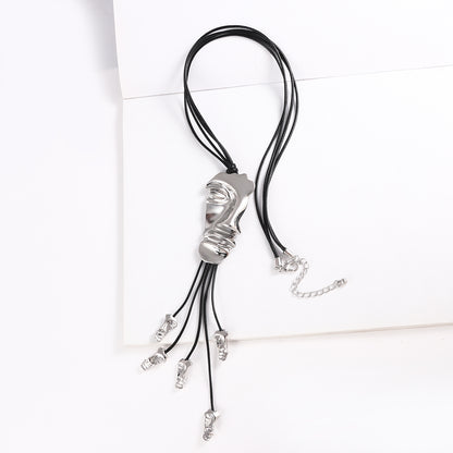 Tribal Human Face Long Leather Rope Necklace