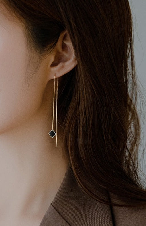 Cute Black Square Golden Dangle Earrings