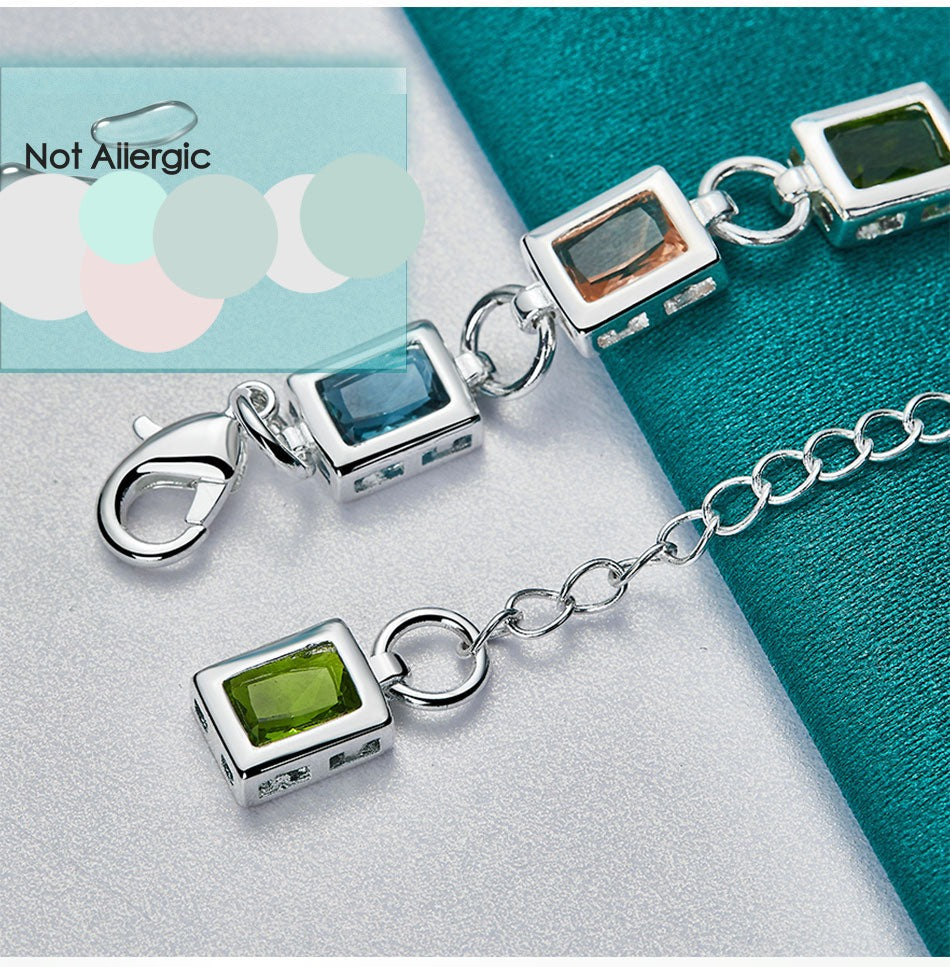 Silver Square Inlaid Multi-Color Zircon Bracelet