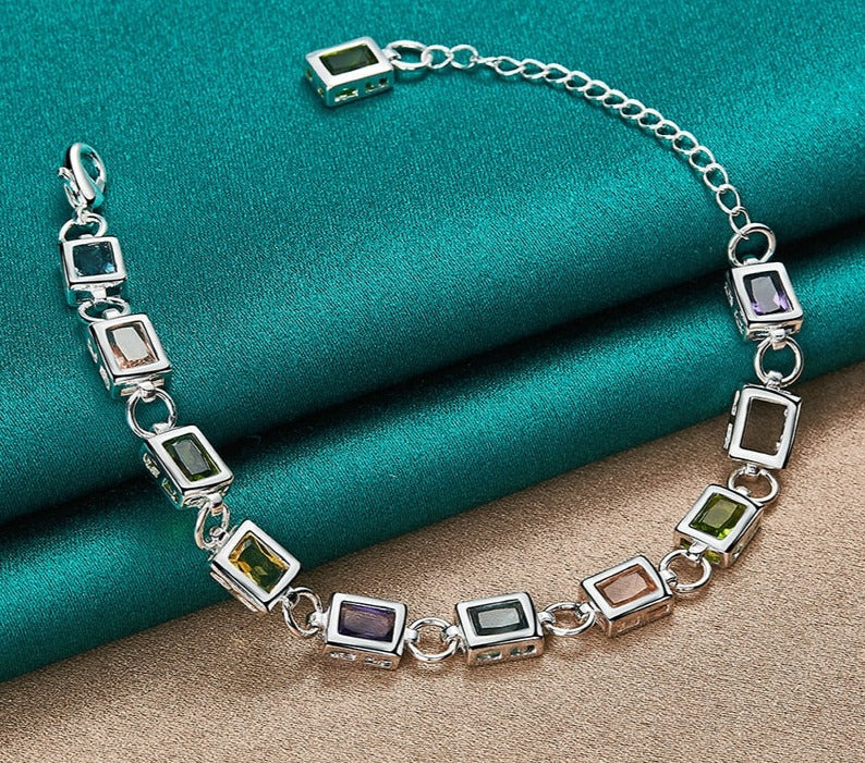 Silver Square Inlaid Multi-Color Zircon Bracelet