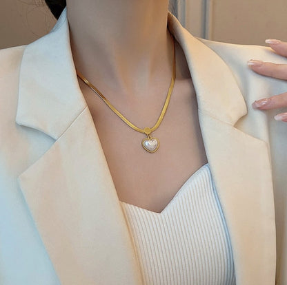 Golden Pearl Heart Stainless Steel Pendant Necklace