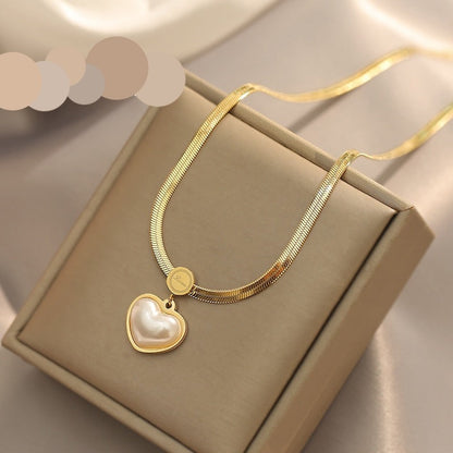 Golden Pearl Heart Stainless Steel Pendant Necklace