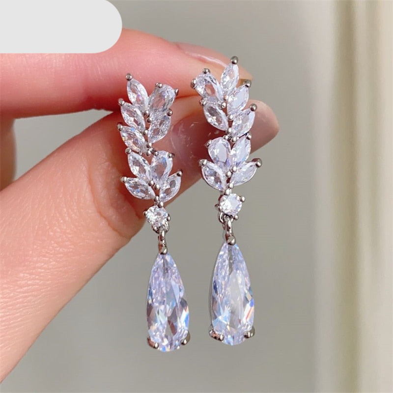 Crystal Flower Zircon Leaf Dangle Bridal Earrings